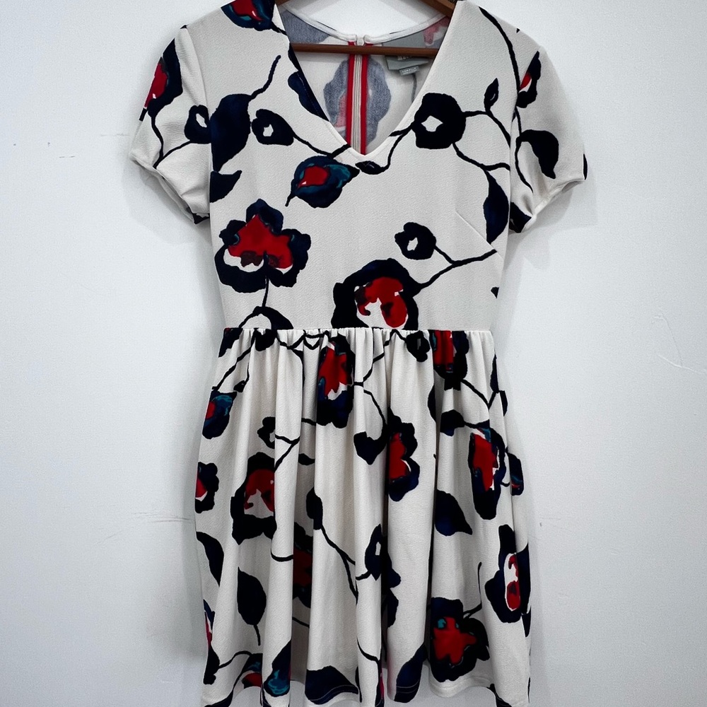 Maeve Cream Floral V-Neck Dress with Red & Navy Accents